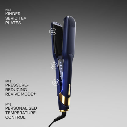 CLOUD NINE Der breite Haarglätter Blau | Variable Temperaturregelung | Revive-Modus Mineralienangereicherte Platten | Digitalanzeige 360°-Drehkabel | Schutzvorrichtung